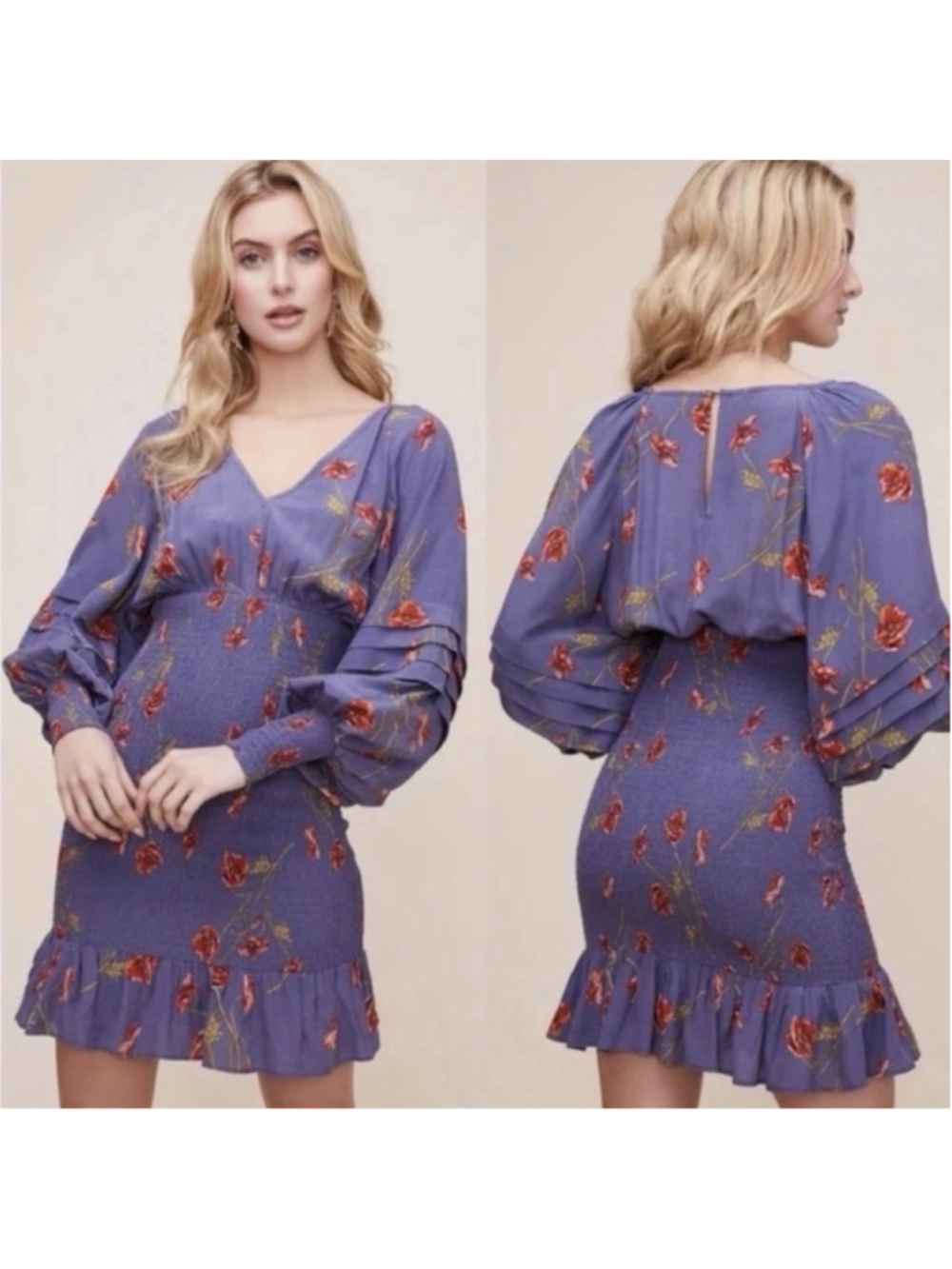 ASTR The Label S Blue Floral Dolman Balloon Sleeve Smocked Mini Dress Deep V EUC